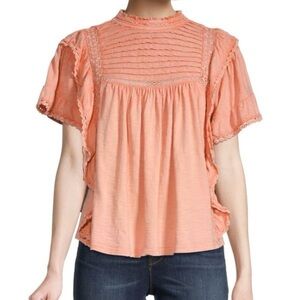 FREE PEOPLE Ruffled Lace-Trimmed Cotton Top